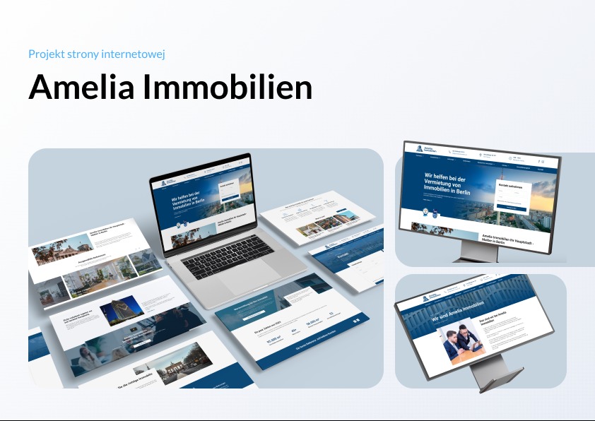 Projekt strony Amelia Immobilien: laptop i monitory prezentują responsywny design strony z niebieskimi akcentami i schludnym układem treści. Nowoczesny wygląd.