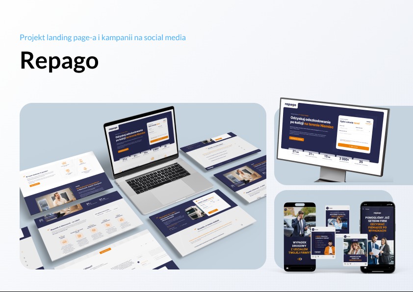 Projekt landing page i kampanii social media Repago, widok na laptopie, monitorze i smartfonie. Prezentacja interfejsu strony www w różnych formatach.