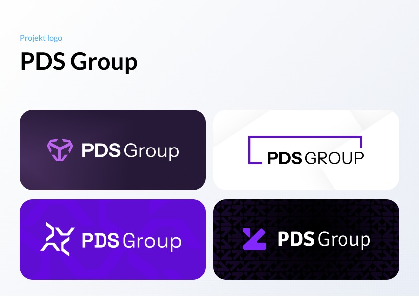 Projekt logo PDS Group: Cztery warianty logo w odcieniach fioletu i bieli, prezentujące różne style graficzne i typograficzne, na jasnym tle.