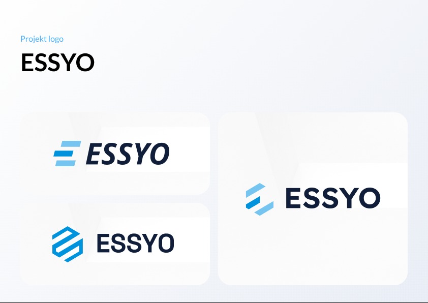Prezentacja projektu logo 'ESSYO' z trzema wariantami: liniowy, heksagonalny i przestrzenny, wszystkie w odcieniach niebieskiego na jasnym tle. Minimalistyczny design.