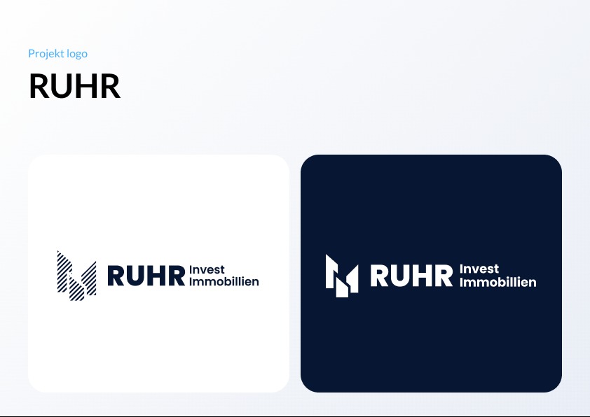 Projekt logo 'RUHR Invest Immobilien' przedstawiony w dwóch wariantach kolorystycznych: jasnym i ciemnym, z nowoczesnym znakiem graficznym i czytelnym fontem.
