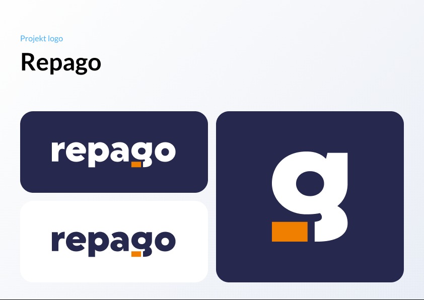 Projekt logo 'Repago' z trzema wariantami: nazwa na ciemnym tle, nazwa na jasnym tle i symbol 'g' na ciemnym tle. Minimalistyczny design z pomarańczowym akcentem.
