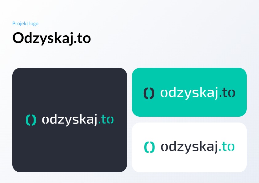 Projekt logo 'Odzyskaj.to' w trzech wariantach kolorystycznych: granatowym, turkusowym i białym. Minimalistyczny design z nawiasem klamrowym i nazwą firmy.