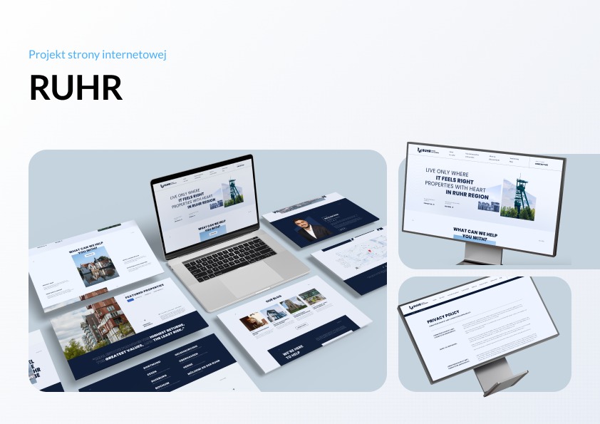 Projekt strony internetowej RUHR na laptopie i monitorze, prezentacja układu i zawartości strony, nowoczesny design w odcieniach bieli i granatu.