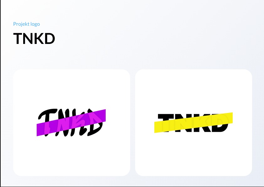 Projekt logo TNKD: Dwa warianty graficzne, jeden z fioletowym paskiem, drugi z żółtym, na białym tle. Nowoczesny design, minimalistyczny styl.