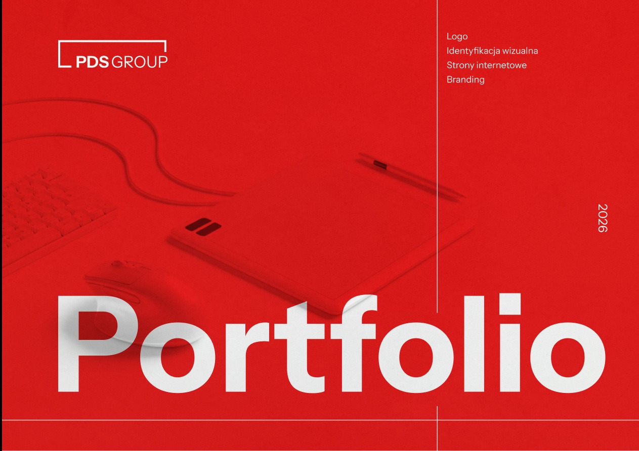 Czerwone portfolio graficzne z klawiaturą, tabletem i napisem Portfolio. Prezentacja usług logo, identyfikacji wizualnej, stron internetowych i brandingu.