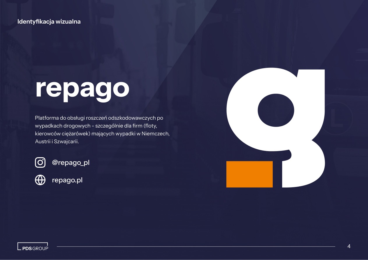 Grafika z nazwą 'repago', hasłem 'Identyfikacja wizualna' i opisem platformy do obsługi roszczeń odszkodowawczych. Widoczne logo i dane kontaktowe.