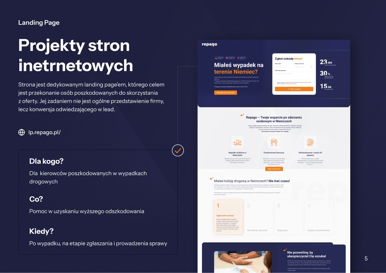Projekt strony internetowej (landing page) firmy Repago, oferującej pomoc w uzyskaniu odszkodowania po wypadkach w Niemczech. Widoczne elementy interfejsu i dane kontaktowe.