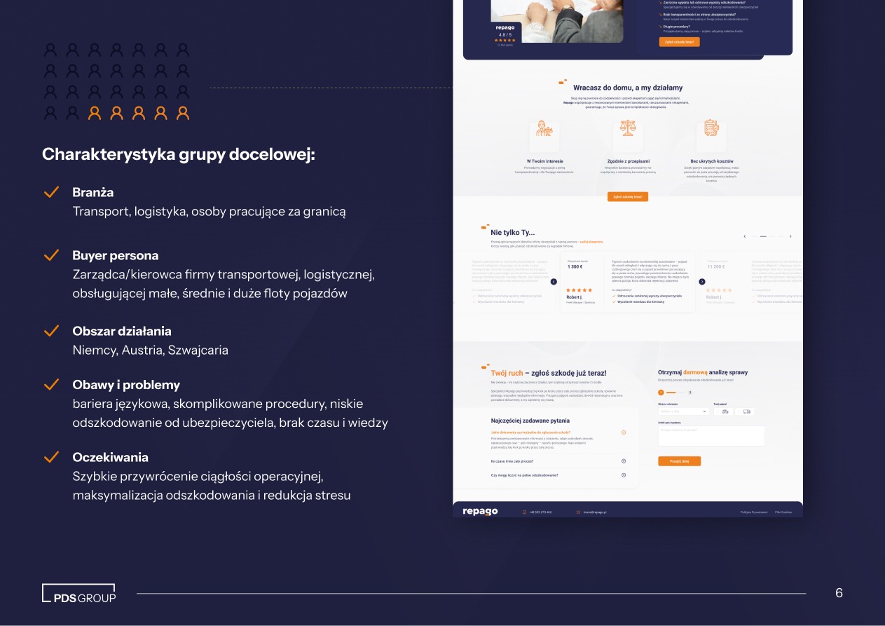 Strona internetowa firmy Repago z charakterystyką grupy docelowej, ofertą i opiniami klientów. Układ strony responsywny, nowoczesny design, czytelna typografia.