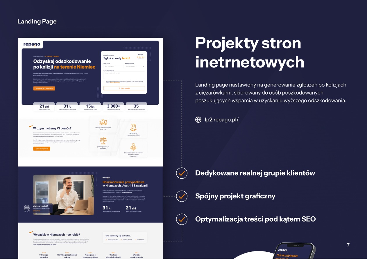 Projekt strony internetowej (landing page) dla firmy Repago, specjalizującej się w odzyskiwaniu odszkodowań powypadkowych. Układ strony jest nowoczesny i responsywny.
