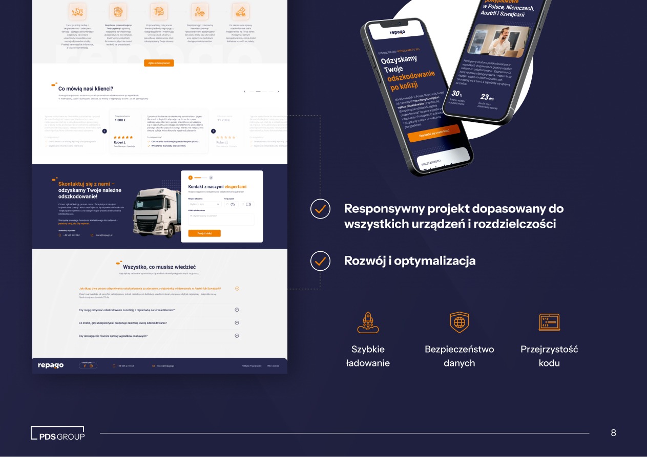 Responsywny projekt strony www na smartfonach, prezentujący ofertę odzyskiwania odszkodowań. Układ strony zoptymalizowany pod różne urządzenia i rozdzielczości.