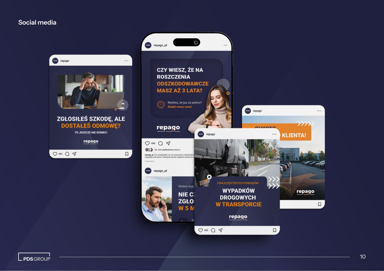 Grafika prezentująca serię postów w mediach społecznościowych marki Repago, dotyczących odszkodowań, z użyciem telefonu jako elementu ekspozycji.