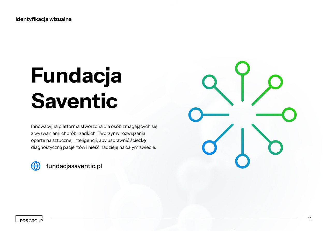 Identyfikacja wizualna Fundacji Saventic: logo z gradientem niebiesko-zielonym, nazwa fundacji i opis misji na białym tle. Nowoczesny design, czcionka bezszeryfowa.