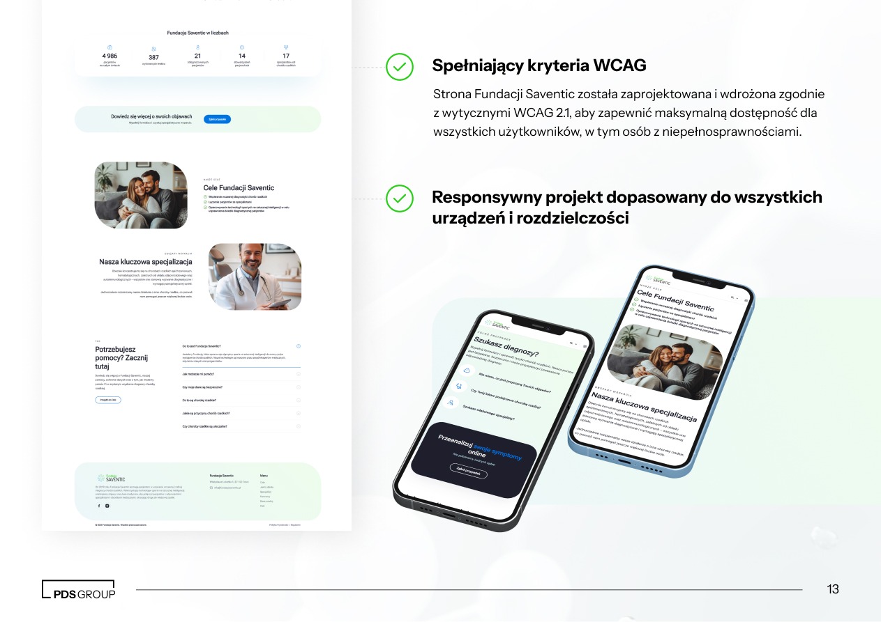 Responsywna strona internetowa Fundacji Saventic na urządzeniach mobilnych, z naciskiem na dostępność WCAG 2.1 i dopasowanie do różnych rozdzielczości.