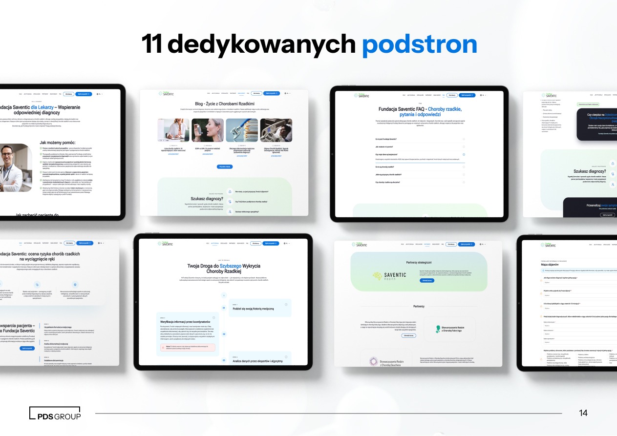 Prezentacja 11 dedykowanych podstron serwisu Saventic na tabletach, z interfejsem w odcieniach bieli i zieleni, skupiających się na chorobach rzadkich i wsparciu pacjentów.