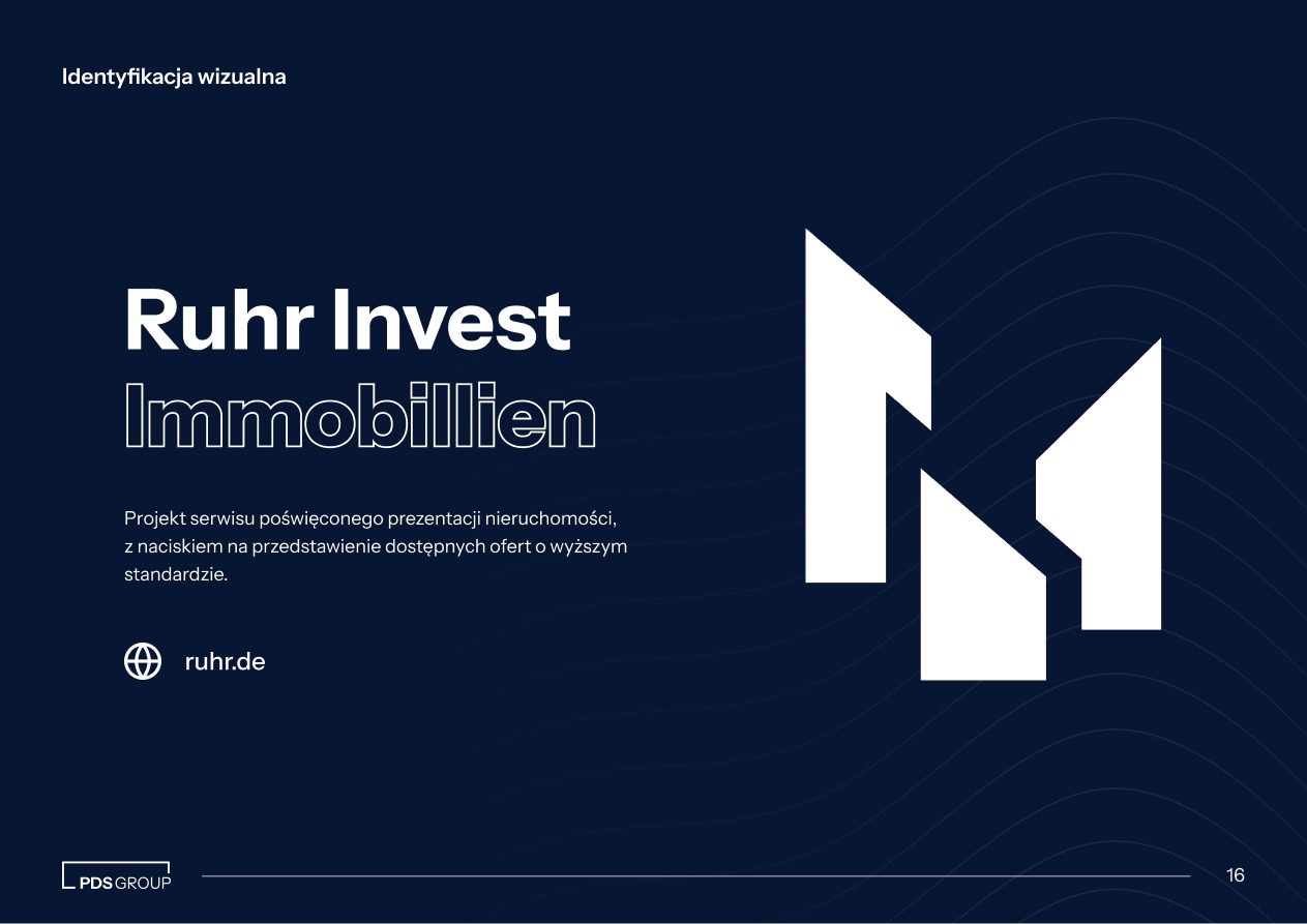 Identyfikacja wizualna Ruhr Invest Immobilien: logo, nazwa i opis projektu serwisu nieruchomości na granatowym tle z subtelnymi liniami. Minimalistyczny design.
