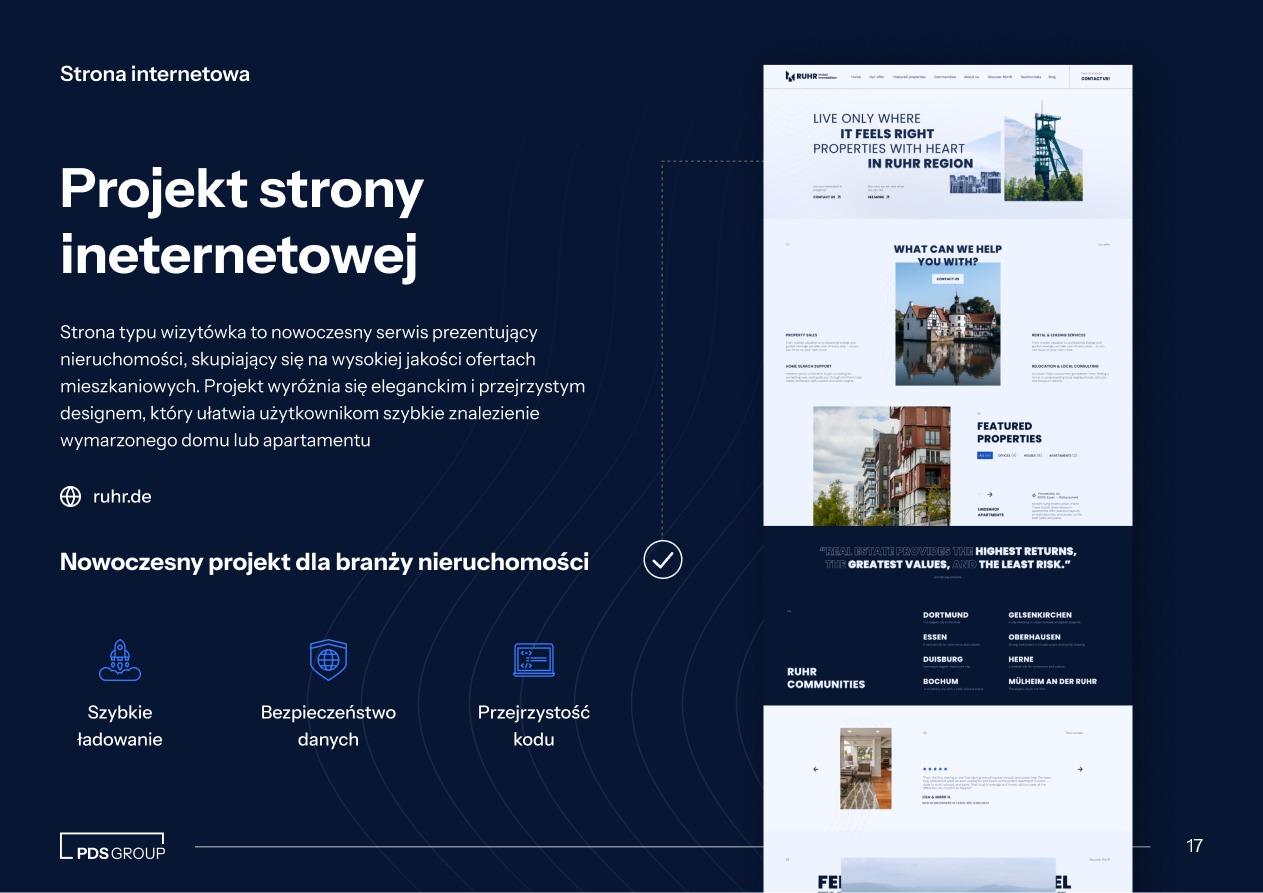 Projekt strony internetowej dla branży nieruchomości z nowoczesnym designem, prezentujący oferty mieszkań. Elegancki i przejrzysty układ ułatwia znalezienie wymarzonego domu.