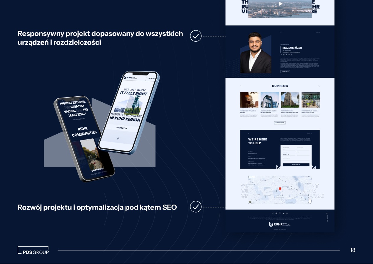 Responsywny projekt strony internetowej na dwóch smartfonach, prezentujący ofertę nieruchomości w regionie Ruhr, zoptymalizowany pod kątem SEO i dopasowany do różnych urządzeń.