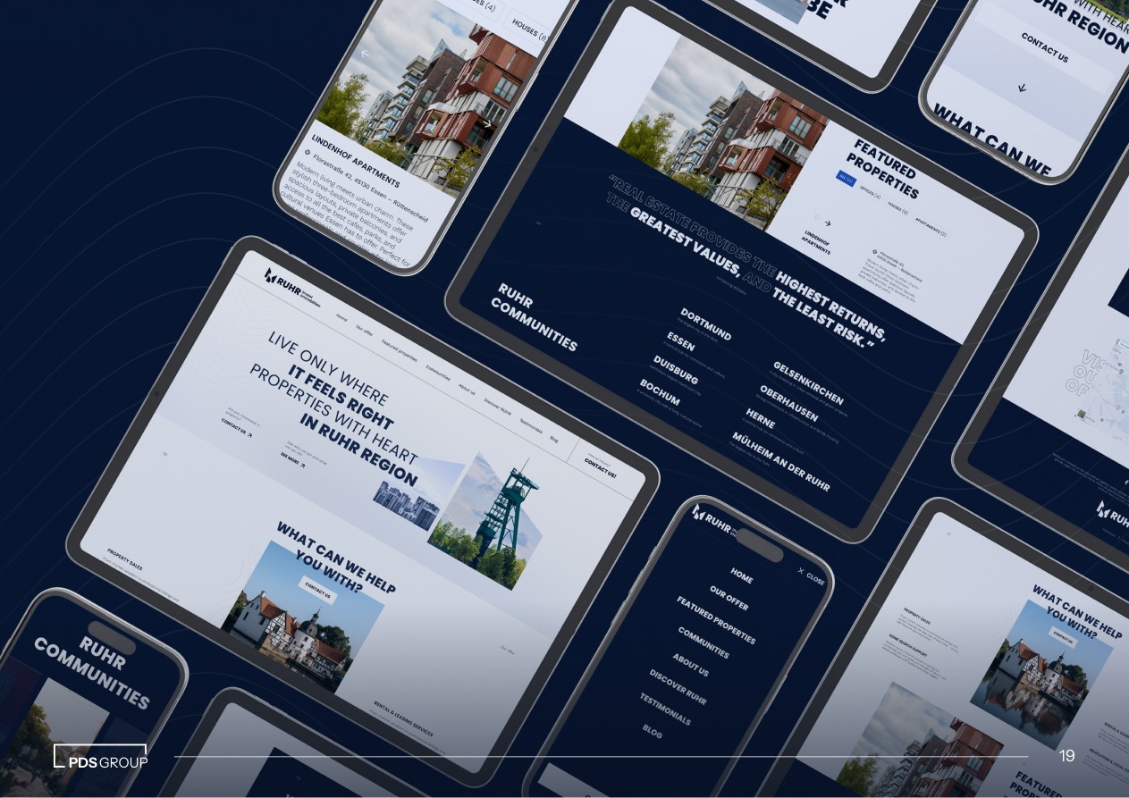 Prezentacja responsywnej strony WWW na urządzeniach mobilnych i tabletach, z logo Ruhr Communities. Projekt graficzny z Katowic, skupiony na nieruchomościach.