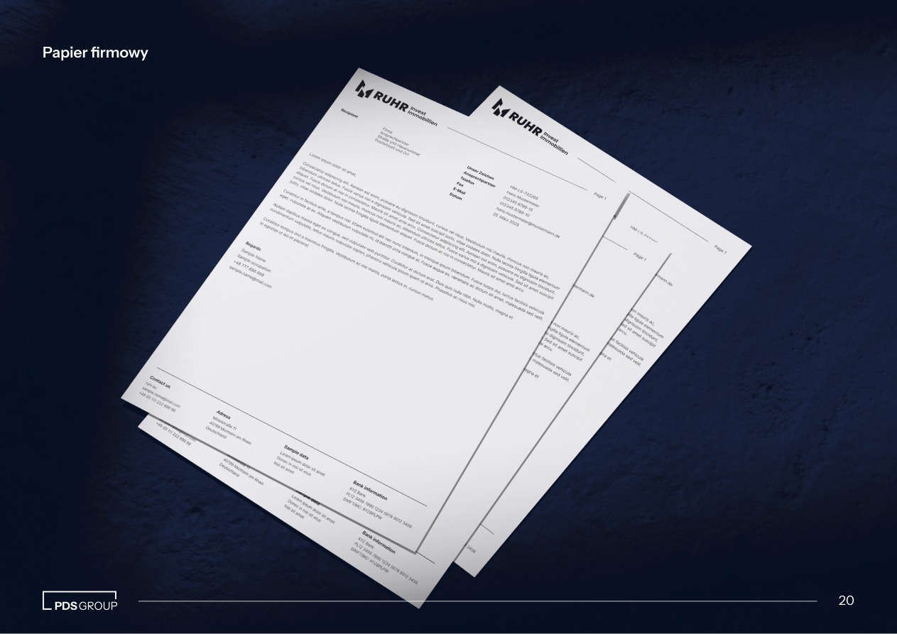 Dwa arkusze papieru firmowego z logo i danymi kontaktowymi firmy 'RUHR Invest Immobilien' na ciemnym tle. Widoczne detale tekstu i układ graficzny.