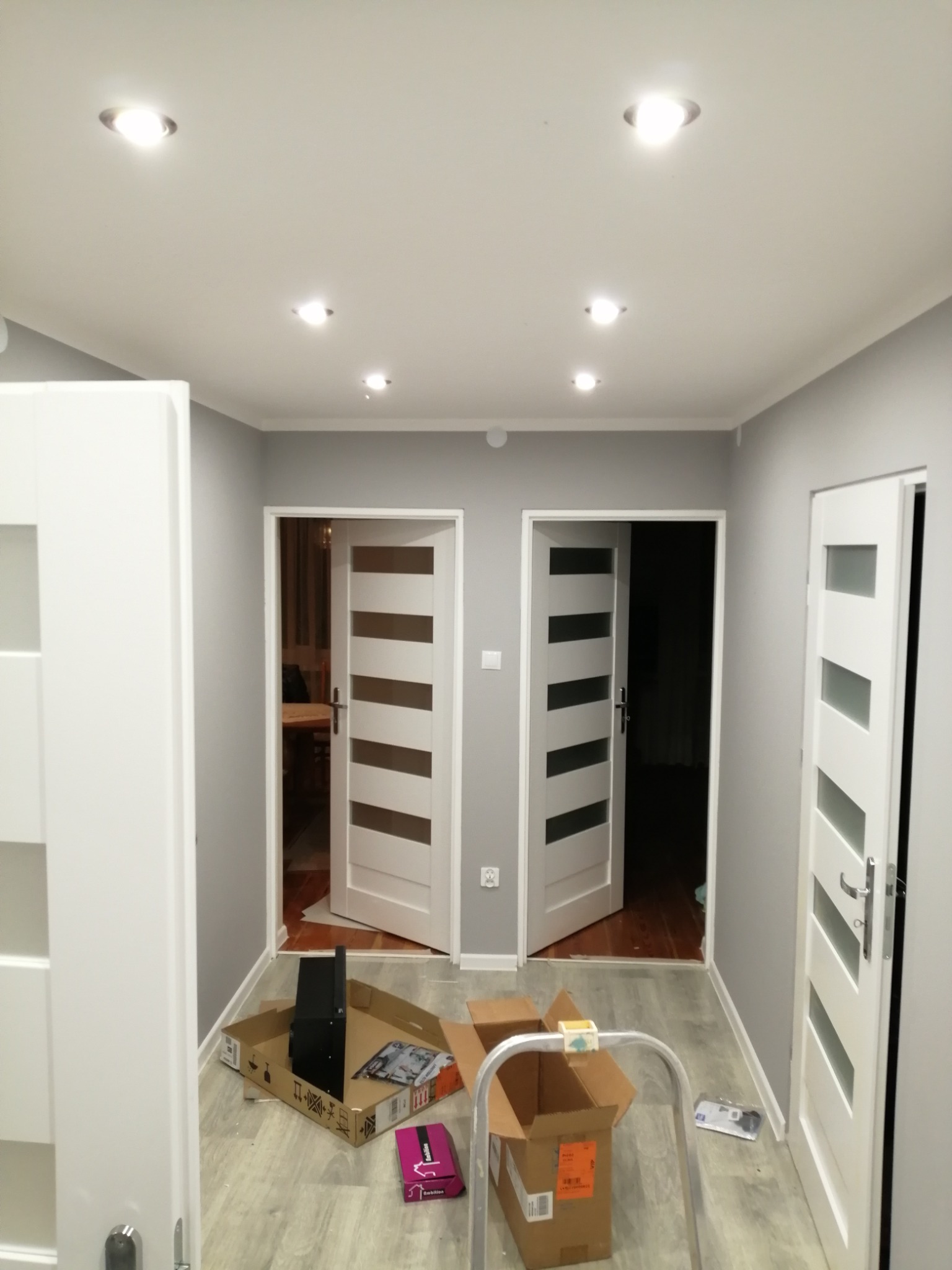 Szare wnętrze po remoncie z trzema białymi drzwiami z przeszkleniami. Na podłodze kartony, drabina. Sufit z oświetleniem punktowym.