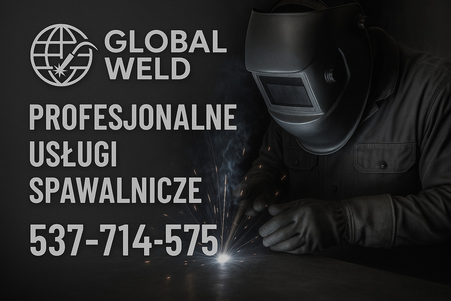 Spawacz w masce i rękawicach wykonuje spawanie, iskry, logo Global Weld, napis: Profesjonalne Usługi Spawalnicze, numer telefonu na czarnym tle.