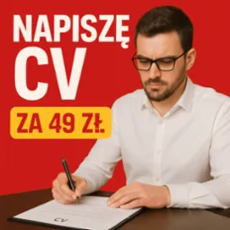 Mężczyzna w okularach pisze CV na tle czerwonego baneru z napisem 'Napiszę CV za 49 zł'.