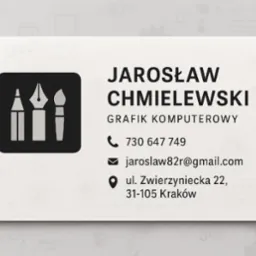 Wizytówka grafika komputerowego Jarosława Chmielewskiego z ikoną pędzla, pióra i ołówka na czarnym tle. Dane kontaktowe: telefon, email, adres w Krakowie.