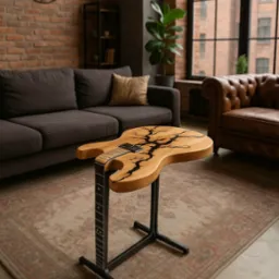 Stylowy stolik kawowy w kształcie gitary elektrycznej, wykonany z jasnego drewna z czarnymi żywicznymi wzorami, na metalowej podstawie, w loftowym wnętrzu.