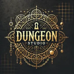 Złote logo 'Dungeon Studio' na czarnym tle. Misterny, okrągły wzór z łańcuchami i ornamentami. Stylizowane litery i data 'EST. 1852' dodają elegancji.