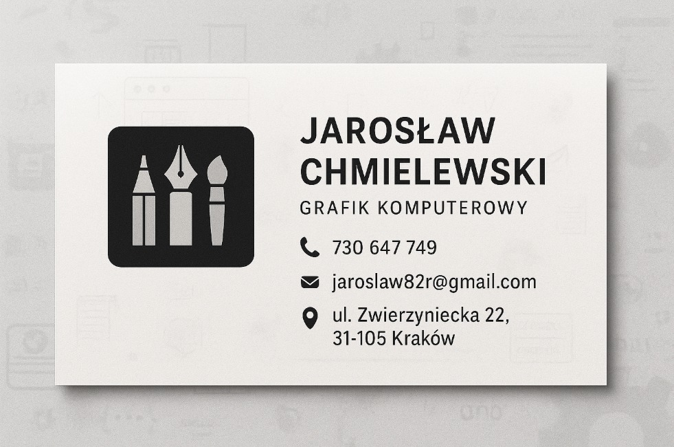 Wizytówka grafika komputerowego Jarosława Chmielewskiego z ikoną pędzla, pióra i ołówka na czarnym tle. Dane kontaktowe: telefon, email, adres w Krakowie.