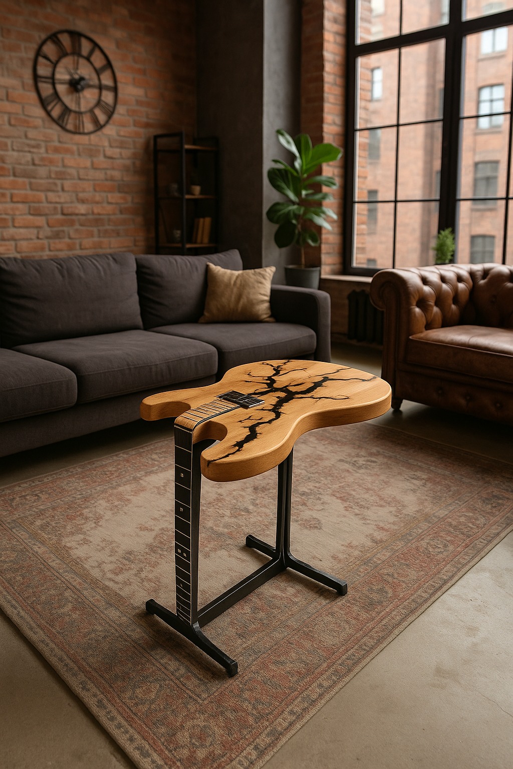 Stylowy stolik kawowy w kształcie gitary elektrycznej, wykonany z jasnego drewna z czarnymi żywicznymi wzorami, na metalowej podstawie, w loftowym wnętrzu.