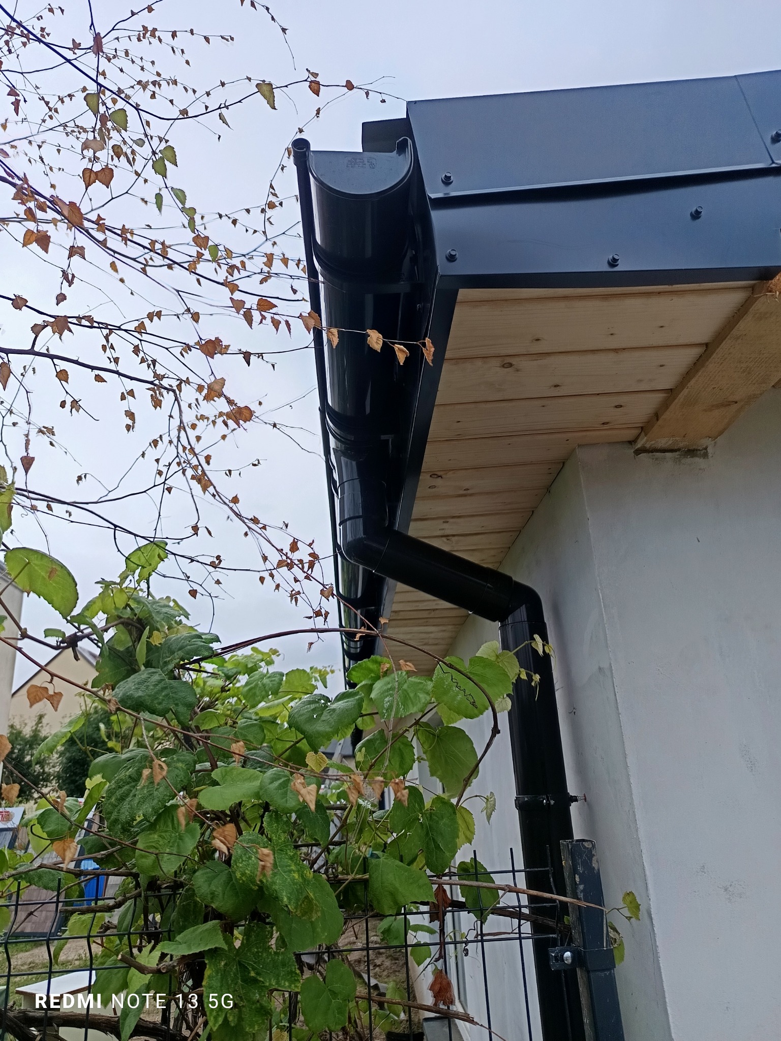 Zamontowany, czarny system rynnowy na nowym budynku z drewnianą podbitką, widziany z dołu, z roślinnością w tle. Elementy mocowane na śruby.