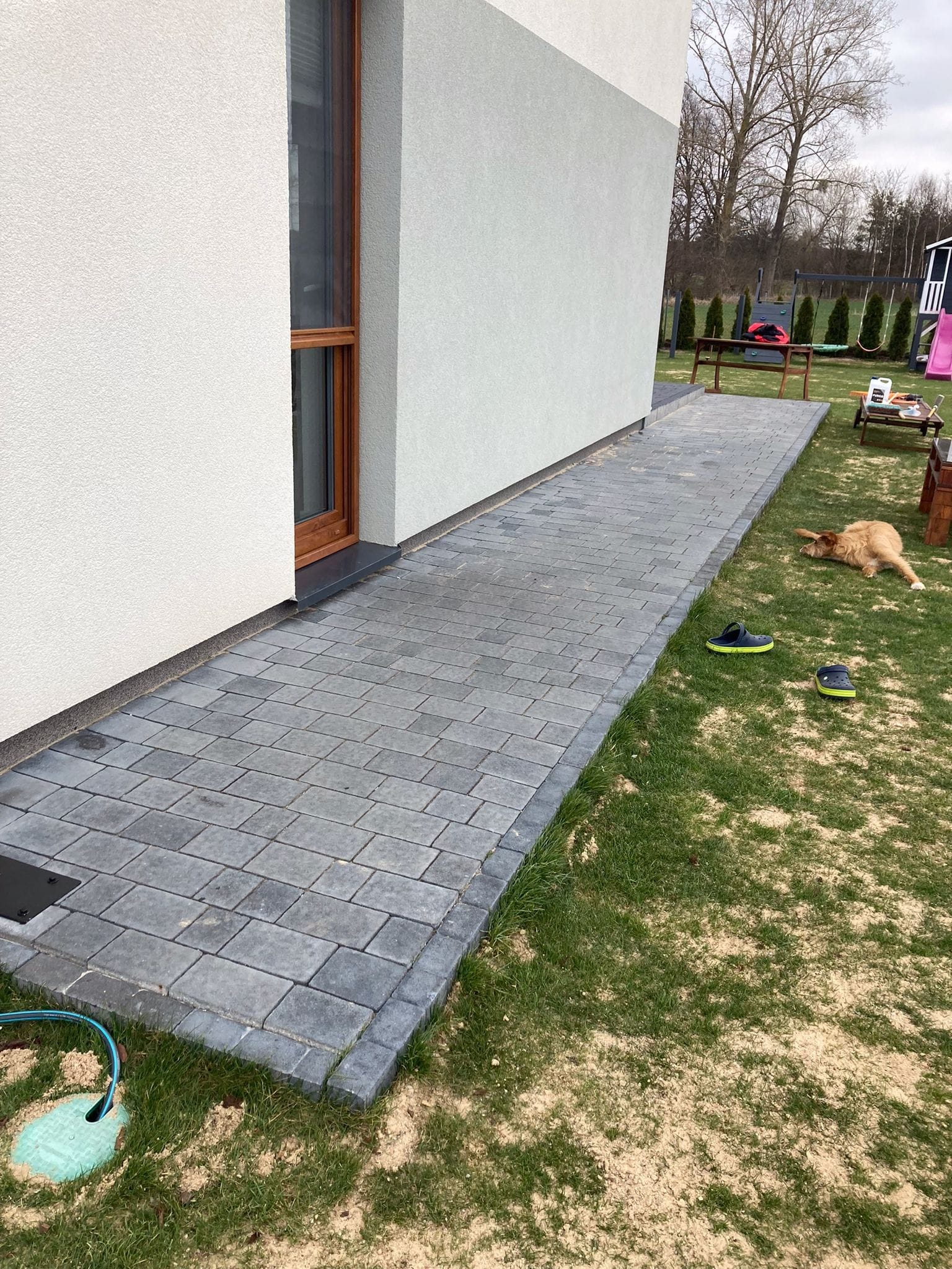 Świeżo ułożona, szara kostka brukowa przy białej elewacji domu. Na trawie leżą klapki i pies. Widoczne drzewa w tle.