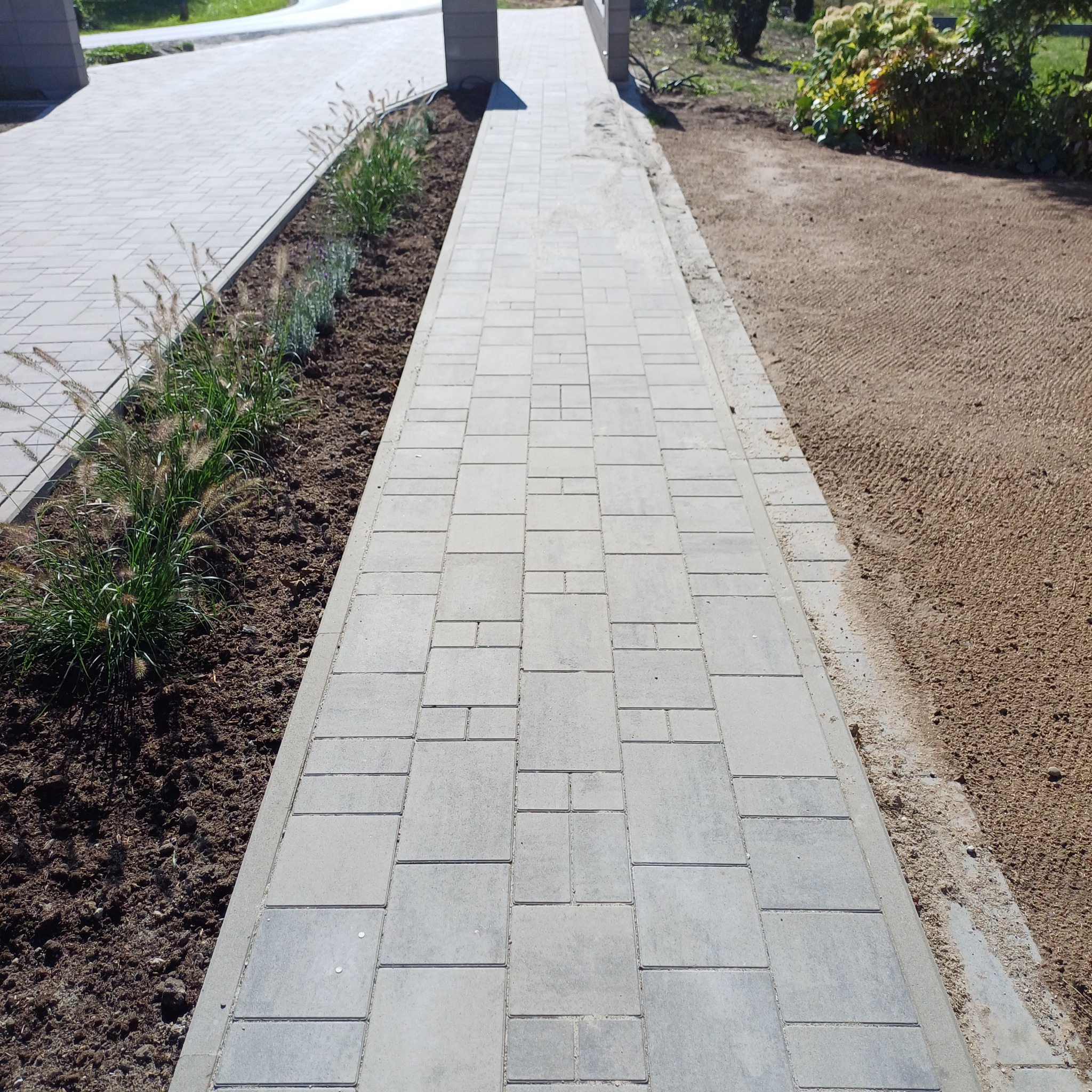 Ścieżka z szarej kostki brukowej, z rabatą po lewej stronie, na której rosną trawy ozdobne. Po prawej stronie widoczny teren przygotowany pod nasadzenia.