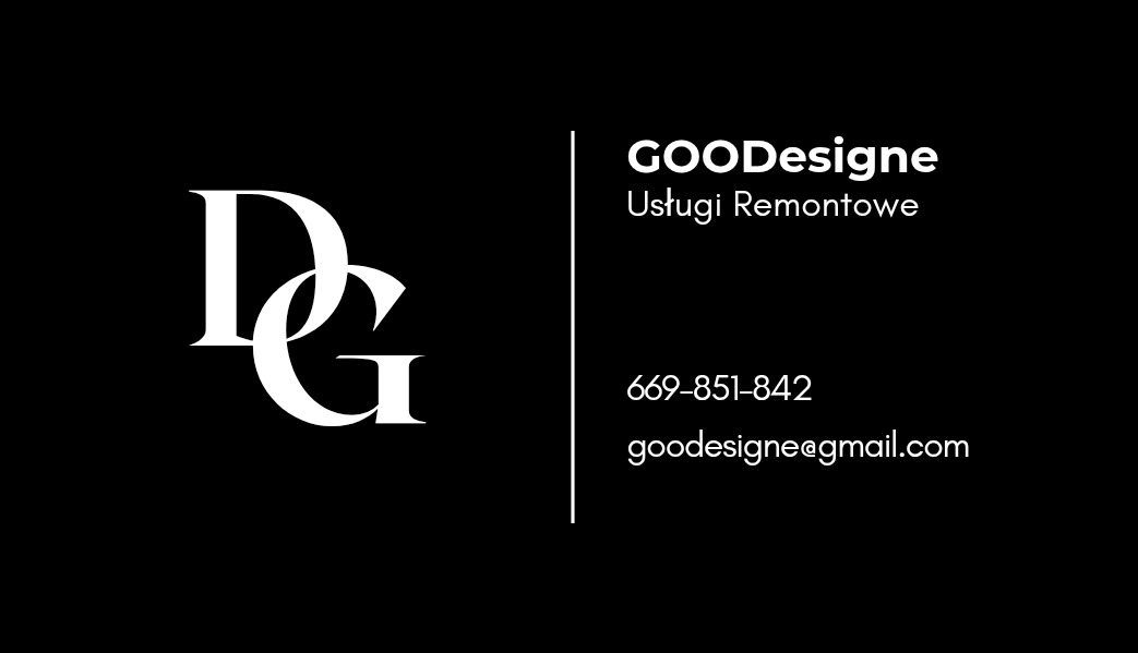 Eleganckie logo firmy remontowej 'GOODesigne' na czarnym tle. Białe litery 'DG' po lewej stronie, obok nazwa firmy, numer telefonu i adres e-mail po prawej.