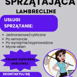 Grafika reklamowa firmy sprzątającej: usługi jednorazowe, po remoncie, mycie okien, pranie tapicerki meblowej. Kontakt: numer telefonu i adres e-mail.