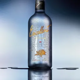 Wysokiej jakości fotografia produktowa: butelka wódki z kroplami wody i złotymi napisami na tle gradientu niebieskiego, z odbiciem na powierzchni.