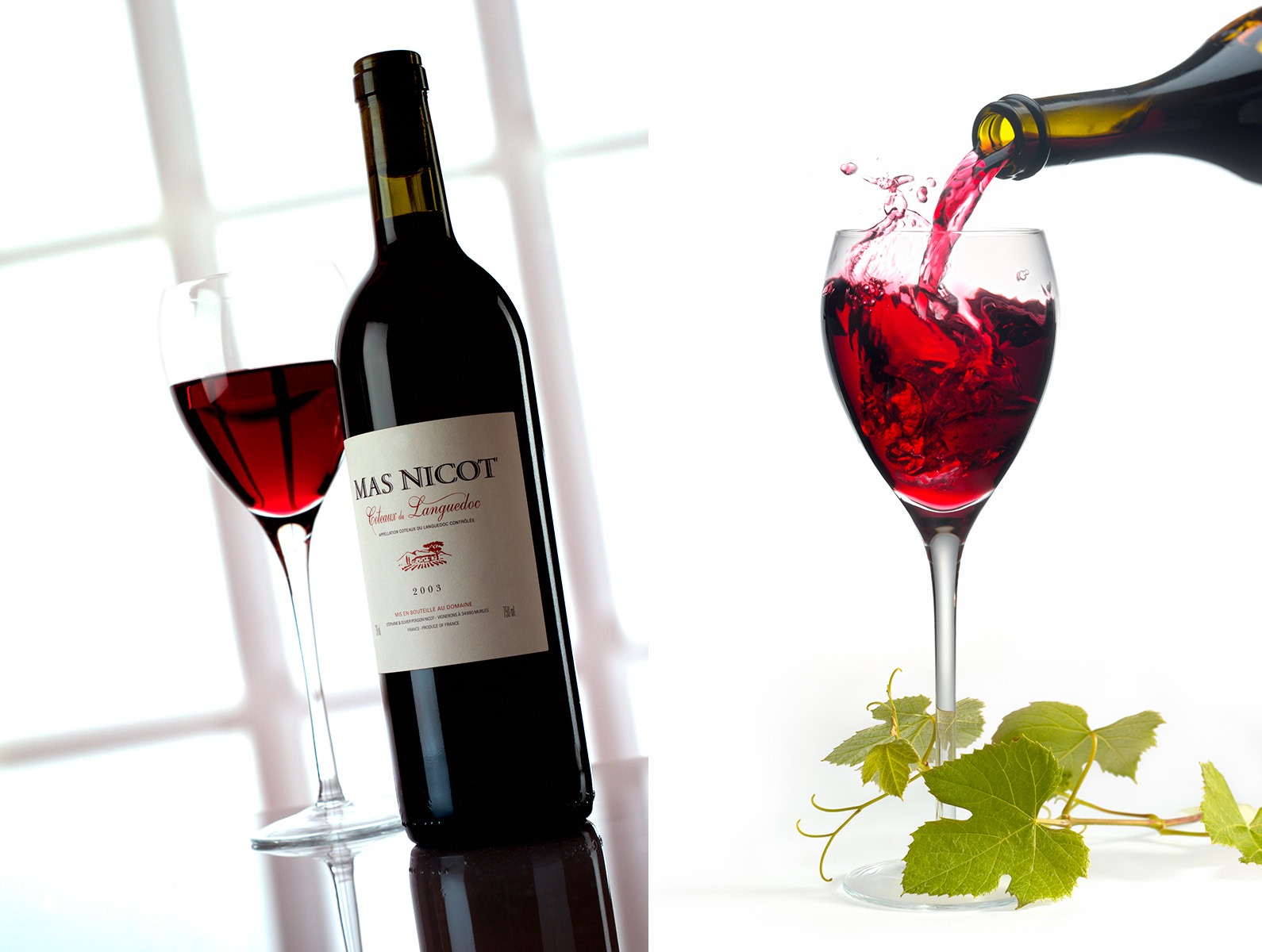 Elegancka fotografia produktowa: butelka czerwonego wina Mas Nicot obok kieliszka, z dynamicznym ujęciem nalewania wina do drugiego kieliszka, dekoracja z liści winogron.