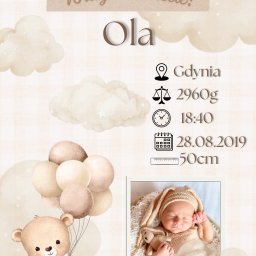 Anastasija Szelest - Grafika z okazji narodzin dziecka: imię Ola, data 28.08.2019, waga 2960g, godzina 18:40, miasto Gdynia. W tle miś z balonami i zdjęcie śpiącego noworodka.
