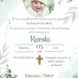 Eleganckie zaproszenie na chrzest z wizerunkiem uśmiechniętego dziecka w czapce, datą 5 lipca, godziną 14:00 i informacją o uroczystości w kościele.