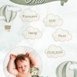 Ilustracja z niemowlęciem, datą urodzenia, wagą, wzrostem, godziną i miejscem urodzenia, w estetyce vintage z motywem balonów i chmur.
