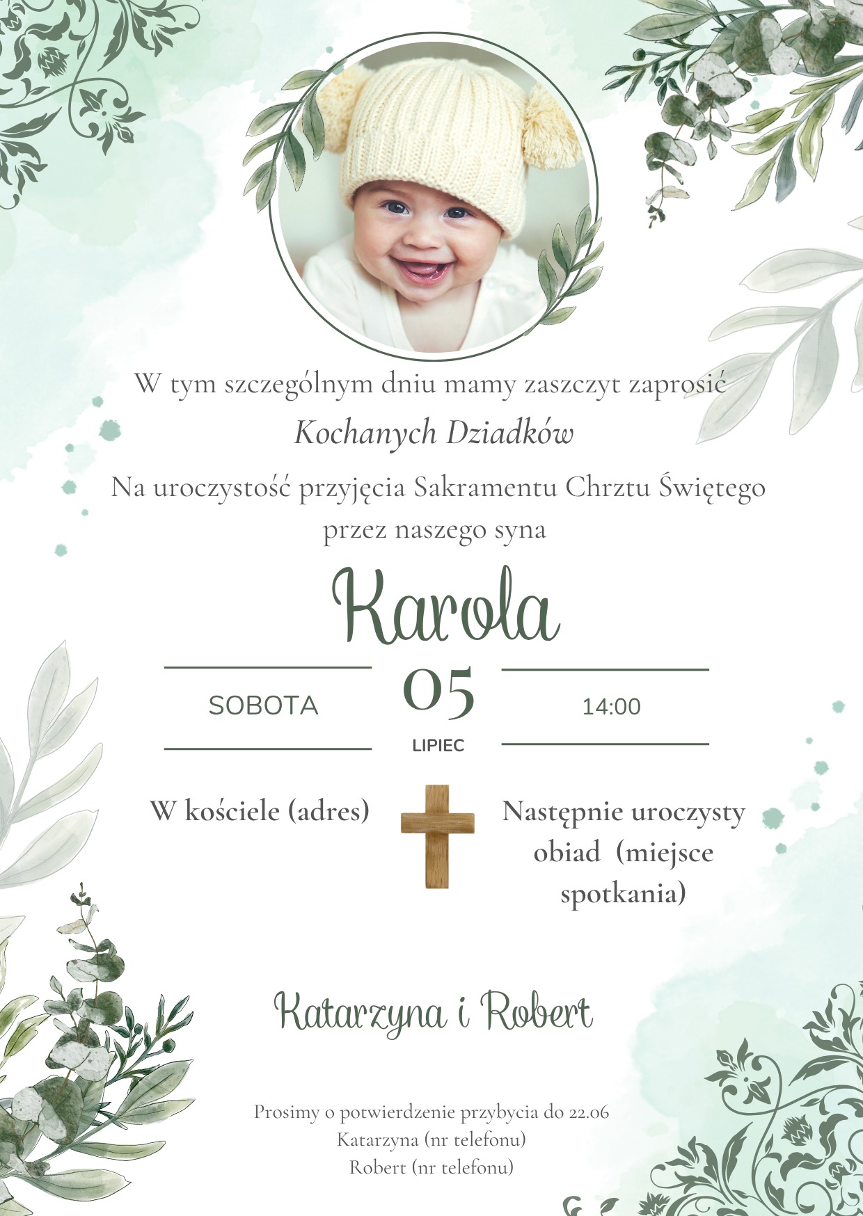 Eleganckie zaproszenie na chrzest z wizerunkiem uśmiechniętego dziecka w czapce, datą 5 lipca, godziną 14:00 i informacją o uroczystości w kościele.