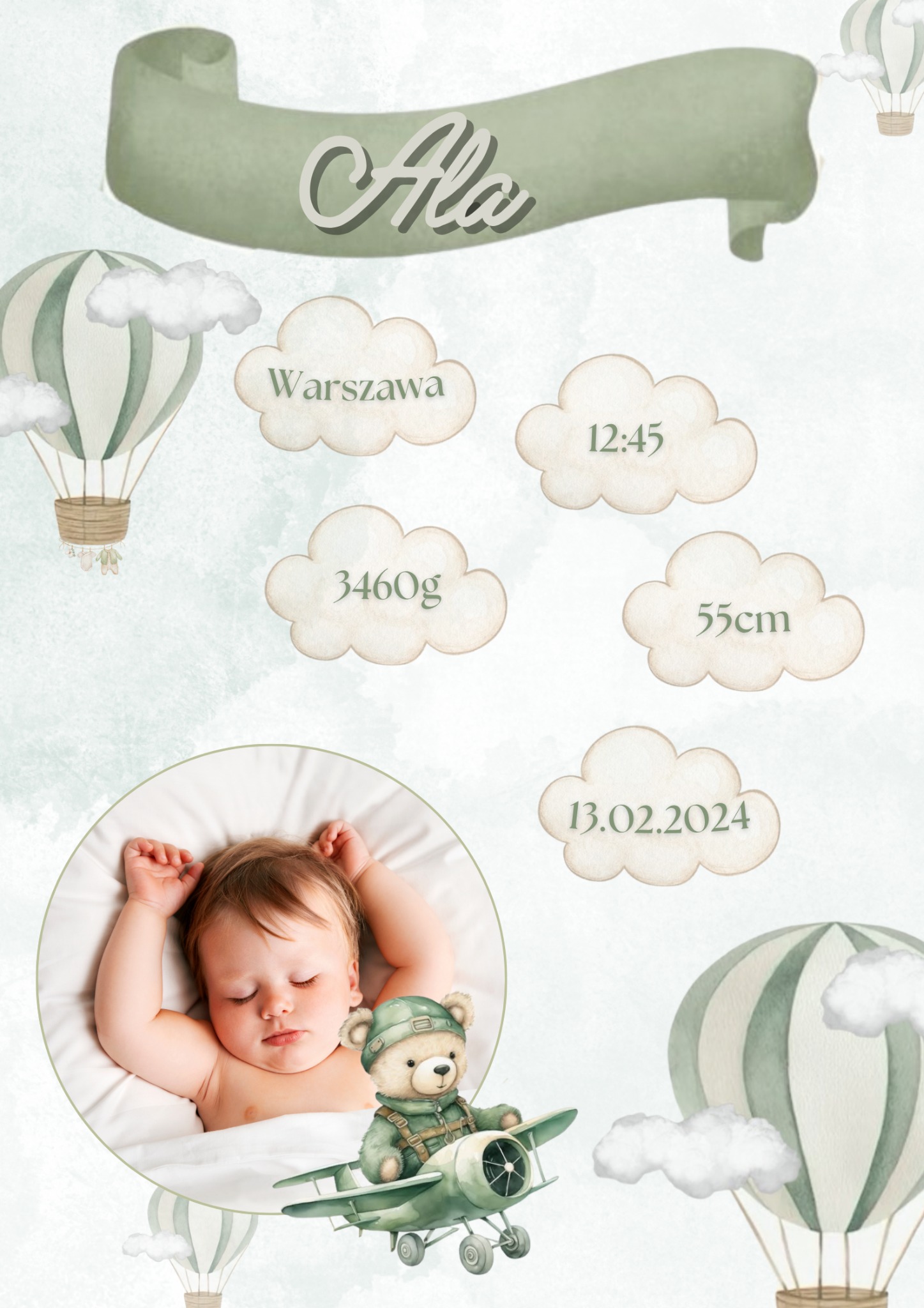 Ilustracja z niemowlęciem, datą urodzenia, wagą, wzrostem, godziną i miejscem urodzenia, w estetyce vintage z motywem balonów i chmur.