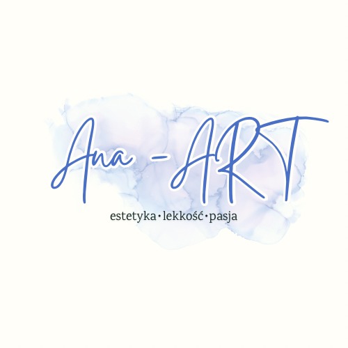 Delikatne, niebieskie logo 'Ana-ART' z akwarelowym tłem i hasłem 'estetyka • lekkość • pasja' w minimalistycznym stylu, na białym tle.