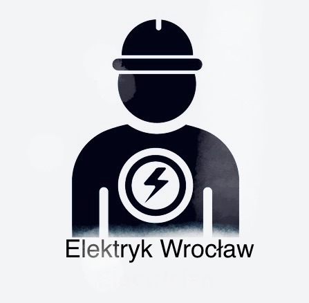 Ikona elektryka w kasku z symbolem błyskawicy i napisem 'Elektryk Wrocław'. Grafika w odcieniach granatu na jasnym tle.