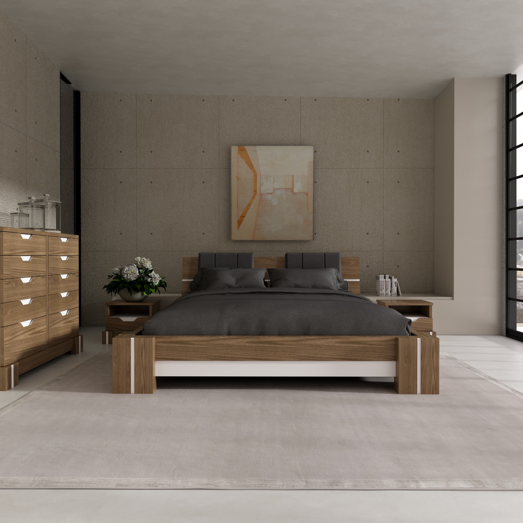 Komplet sypialniany z drewnianym łóżkiem, szafkami nocnymi i komodą z jasnego drewna, na tle betonowej ściany z obrazem i dużego okna.
