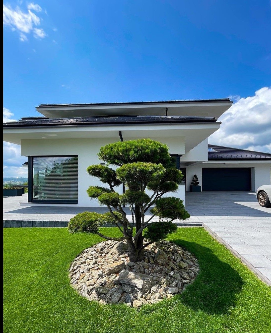 Formowane drzewko iglaste otoczone kamieniami na tle nowoczesnego domu z garażem i idealnie przystrzyżonym trawnikiem w słoneczny dzień.