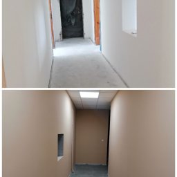 ROBMAR - Korytarz po remoncie: górne zdjęcie - stan surowy, białe ściany, dolne - pomalowane ściany na beżowo, ułożone płytki podłogowe. Widoczne otwory okienne.