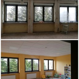 ROBMAR - Zdjęcie 'przed i po' remontu pokoju: surowe ściany i okna vs. pomalowane ściany, nowy sufit i podłoga, grzejniki oraz wyposażenie pokoju dziecięcego.